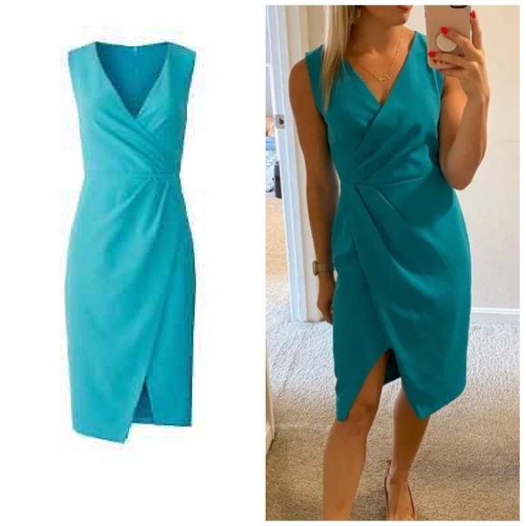 Black Halo Nora Blue Faux Wrap Sleeveless V-Neck Sheath Dress - Picture 2 of 10